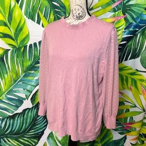 Adrianna Papell L Pink Sheer Polka Dot Sleeve Preppy Spring Office Church Blouse